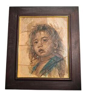 Vintage Tobacco Leaf Child Portrait Oil Painting Wood Frame 11.5"x13.5" Signed